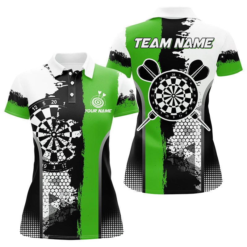 Personalisierte Schwarze Grüne Grunge-Stil Dart-Polo-Shirts für Damen - Individueller Name - Dart-Team Trikots T1217 - Outfitsuche