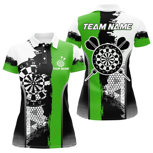 Personalisierte Schwarze Grüne Grunge-Stil Dart-Polo-Shirts für Damen - Individueller Name - Dart-Team Trikots T1217 - Outfitsuche