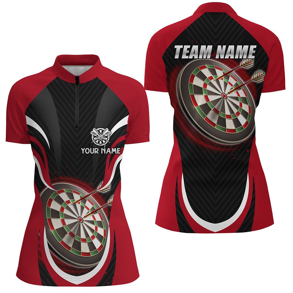 Personalisierte Schwarze Rote Darts Viertel-Zip-Shirt | Maßgeschneiderte Dartshirts für Damen | Dart Trikots L1392 - Outfitsuche