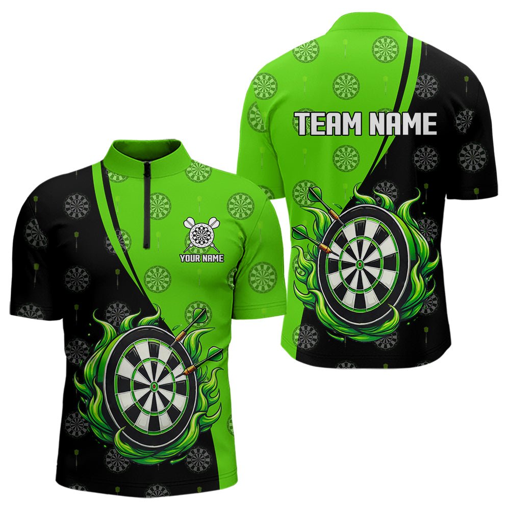 Personalisierte schwarze und grüne Camouflage - Flammen Darts Poloshirts – Individuelle grüne Feuer Team Darts Trikots N9565 - Outfitsuche