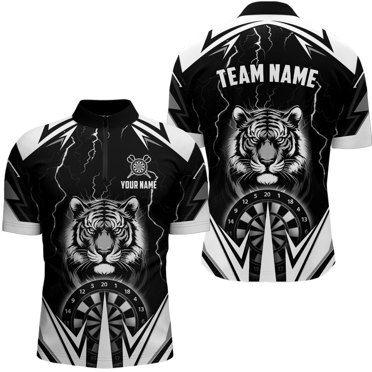 Personalisierte Tiger 3D - Druck Dartshirts für Herren – Individuelles Thunder Lightning Schwarzes Dart - Trikot T2780 - Outfitsuche