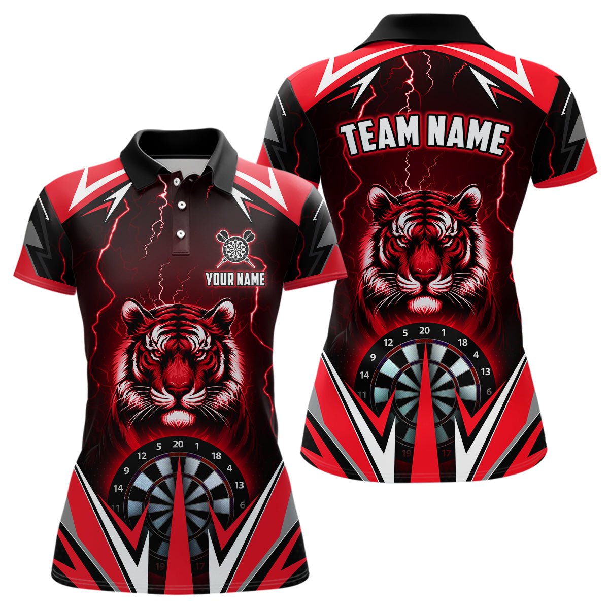 Personalisierte Tiger 3D - gedruckte Darts - Shirts für Frauen – Individuelles Thunder Lightning Rotes Darts - Trikot T2779 - Outfitsuche