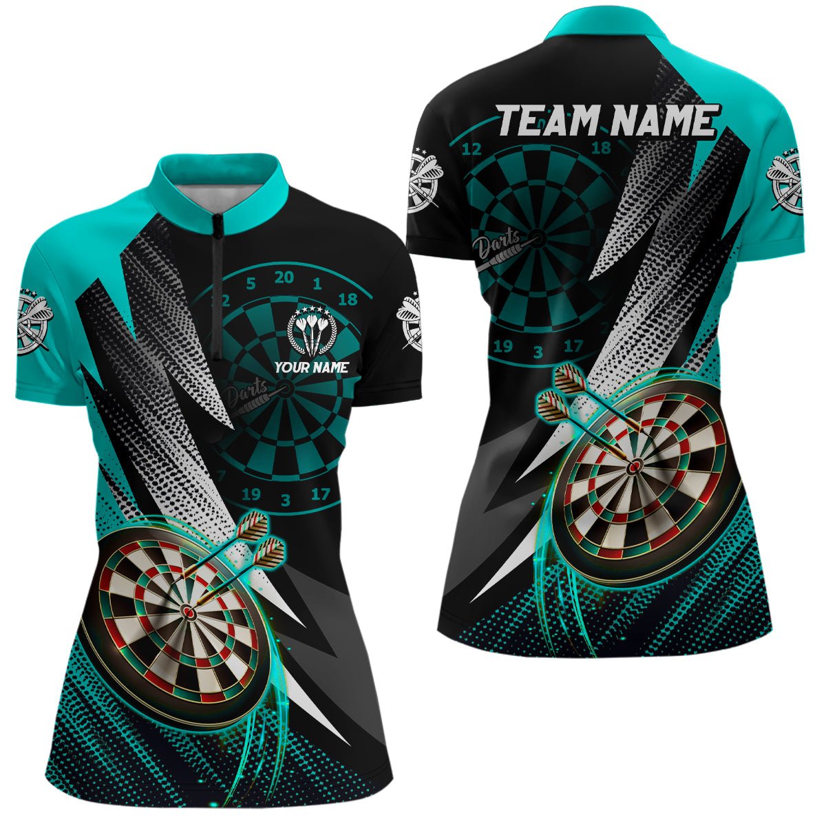 Personalisierte Türkis - Schwarze Darts Poloshirts & 1/4 Zip Anpassbare Dartshirts für Damen T3014 - Outfitsuche