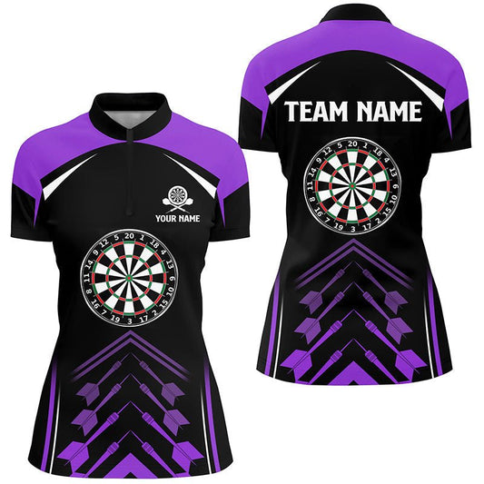 Personalisierte Violett-Schwarze Darts Viertelreißverschluss-Shirt | Damen Dart Trikot | Individuell Gestaltetes Darts Shirt L1467 - Outfitsuche