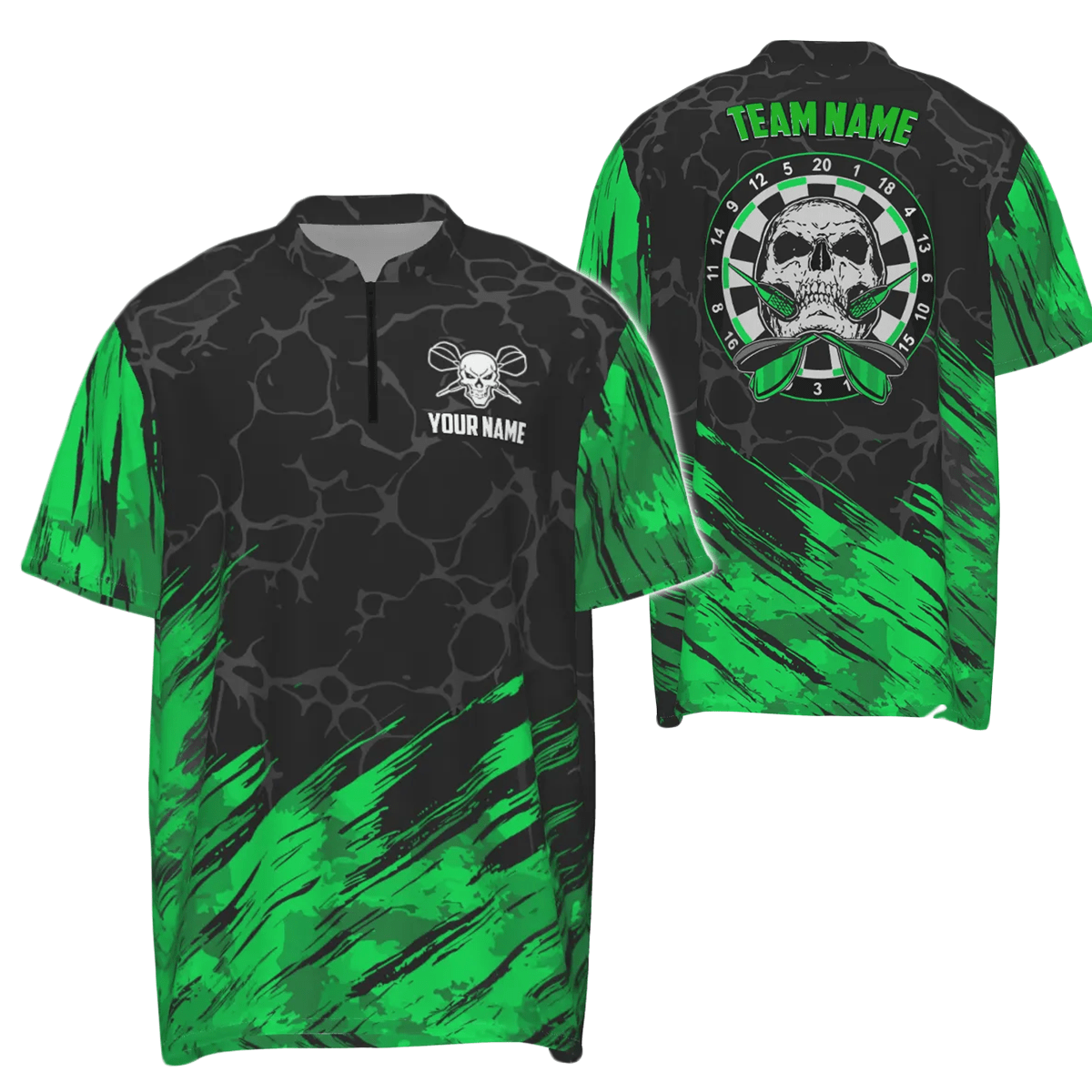 Personalisiertes 3D All Over Print Herren Skull Darts Polo Shirt Grün Schwarz Dart Trikots für Herren F748 Green t6853 - Outfitsuche