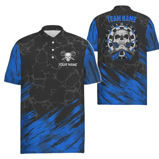 Personalisiertes 3D All Over Print Herren Skull Darts Polo Shirt in Marineblau und Schwarz, Dart Trikots für Herren F916 blue - Outfitsuche