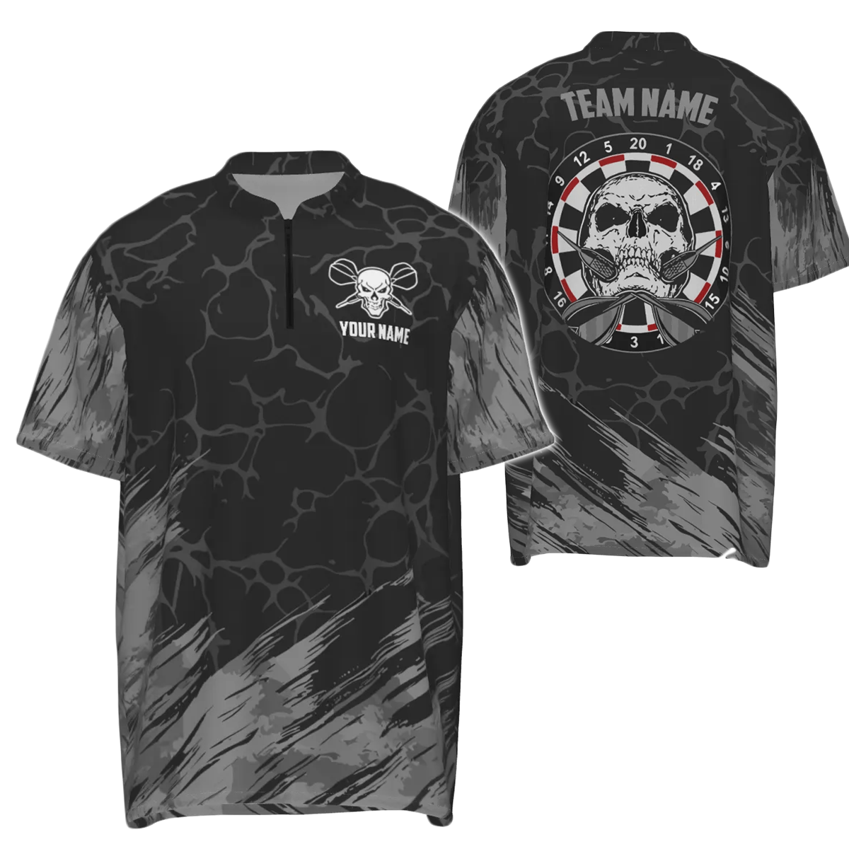 Personalisiertes All Over Print Dart-Shirt mit Totenkopf-Motiv, grau-schwarzes Dart-Trikot für Herren F917 - Outfitsuche