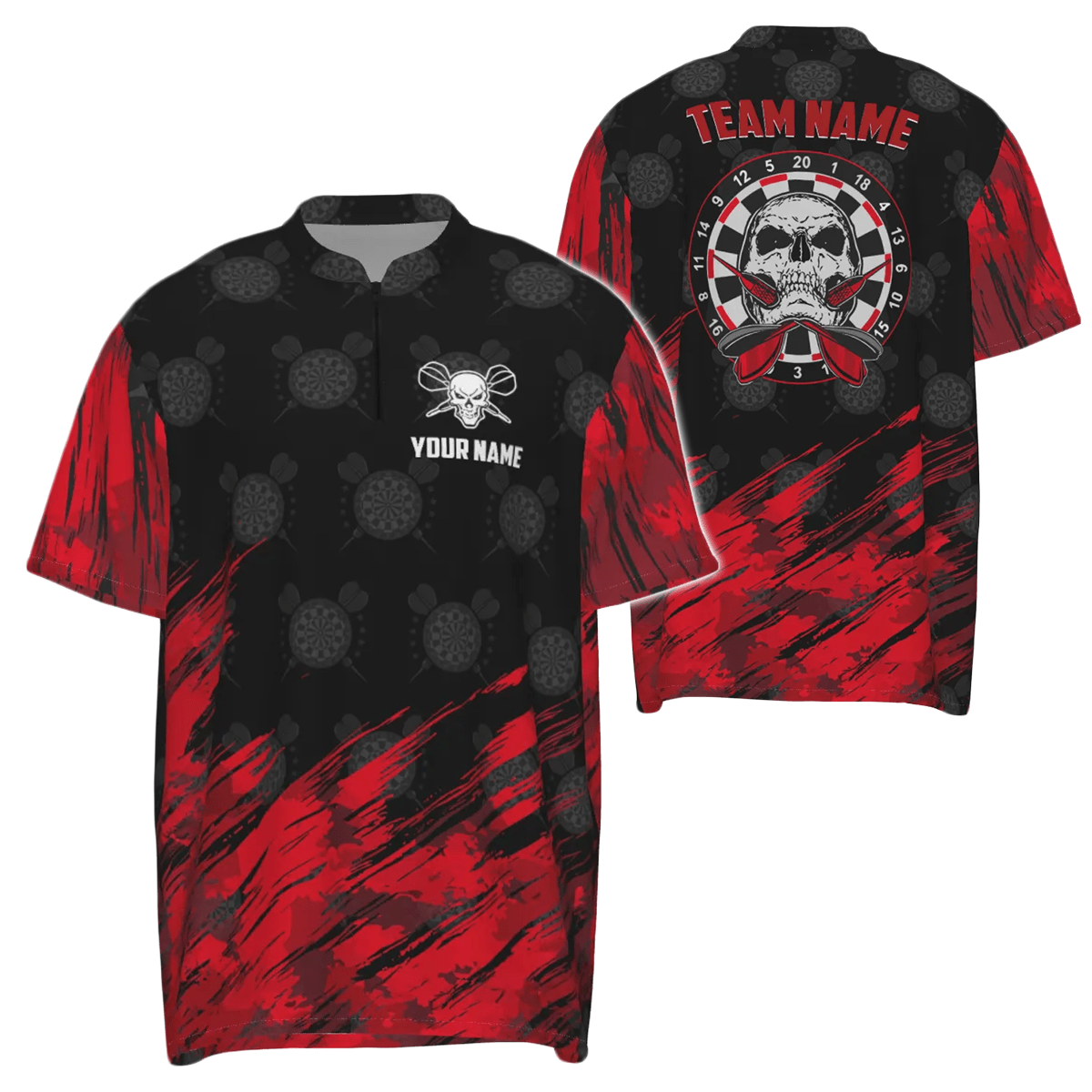 Personalisiertes All Over Print Dart-Shirt mit Totenkopf-Motiv, rotes und schwarzes Dart-Trikot für Herren R76 - Outfitsuche