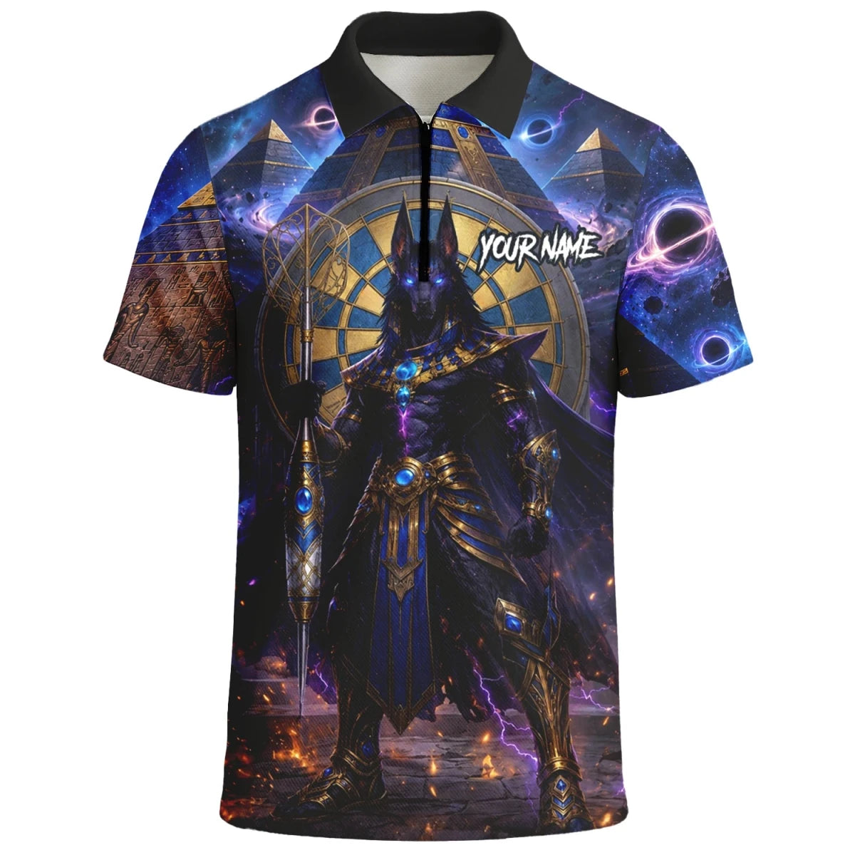 Personalisiertes Blau-gold-schwarzes Anubis-Dartshirt für Herren N118 - Outfitsuche