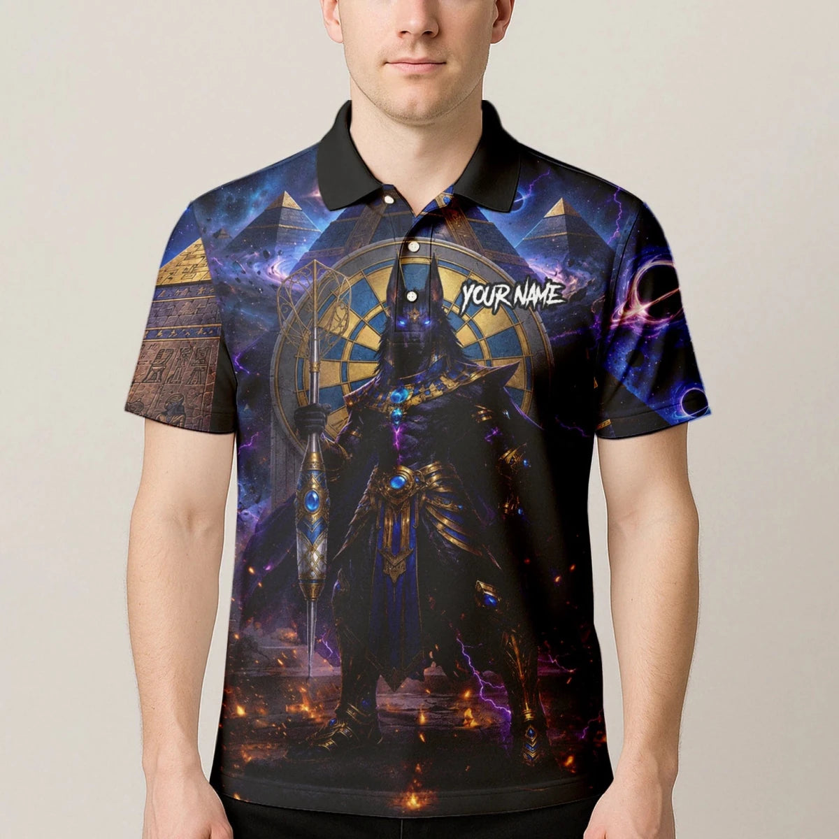 Personalisiertes Blau-gold-schwarzes Anubis-Dartshirt für Herren N118 - Outfitsuche