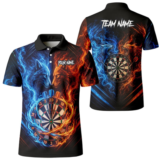Personalisiertes Blau-oranges Wolf-Flammen-Dartboard Dartshirt für Herren A749 - Outfitsuche
