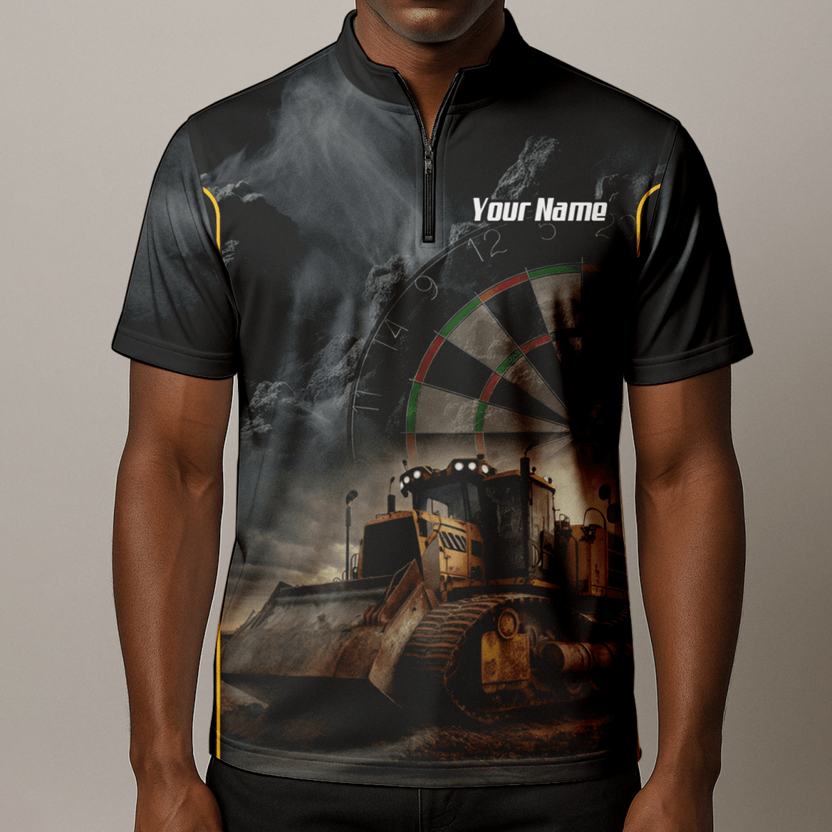 Personalisiertes Bulldozer Dart - Trikot Polo mit Reißverschluss für Herren – Individuelles Baustellen - Design Schwarz - Gelb T4397 - Outfitsuche