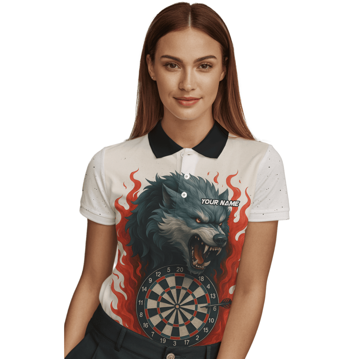 Personalisiertes Cartoon Hai Dart Trikot Damen – Individueller Name & Team – Polo Shirt Schwarz Blau L1234 - Outfitsuche