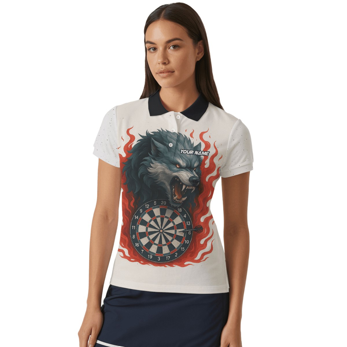 Personalisiertes Cartoon Hai Dart Trikot Damen – Individueller Name & Team – Polo Shirt Schwarz Blau L1234 - Outfitsuche