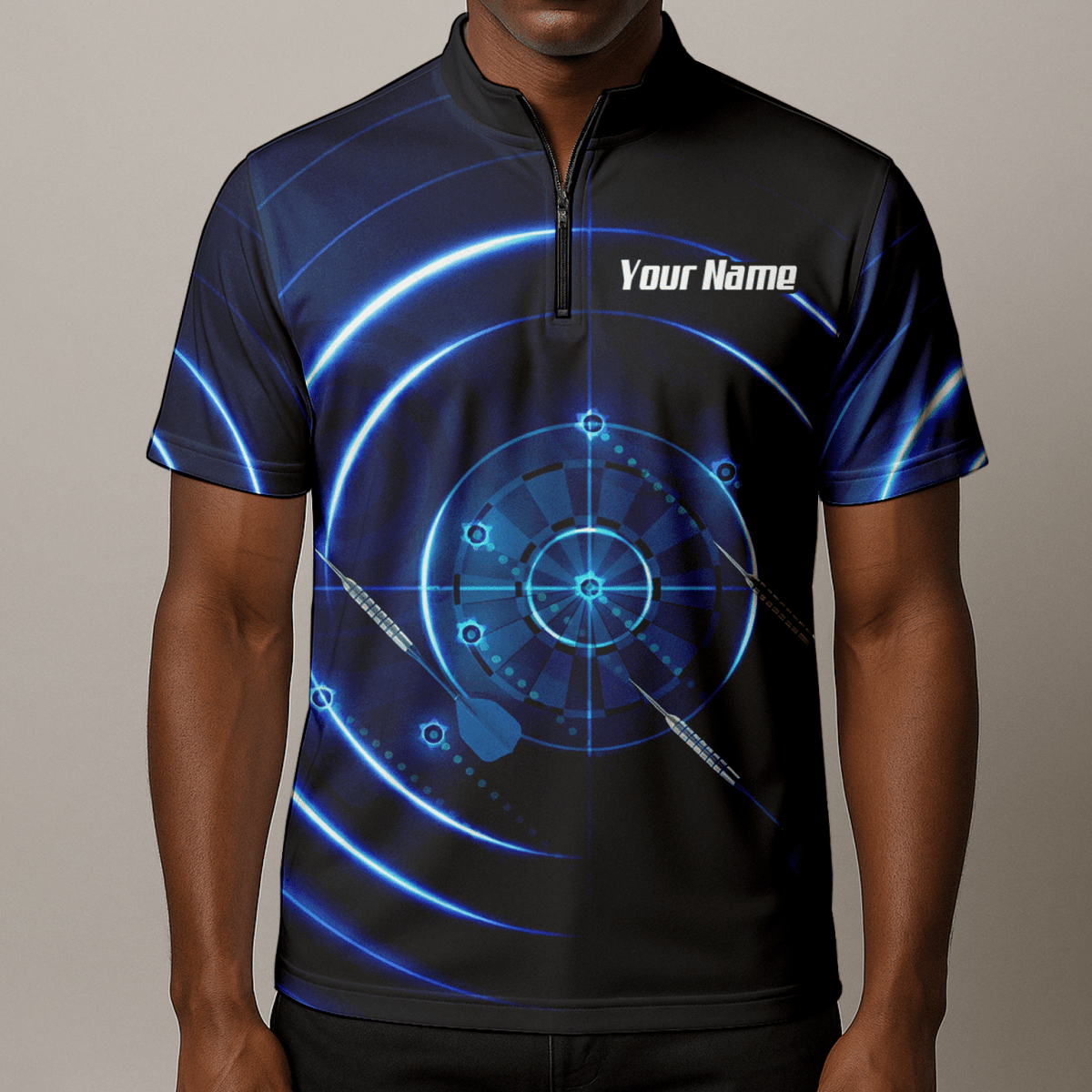Personalisiertes Cyber Target Dart - Trikot Blau - Schwarz Polo mit Reißverschluss für Herren Individuelles Neon - Radar - Design I6871 - Outfitsuche
