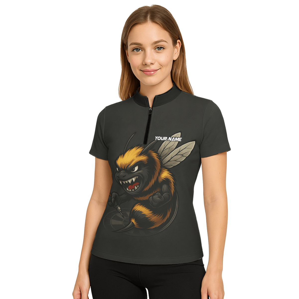 Personalisiertes Damen Dart Jersey - Poloshirt 'Wütende Biene' Schwarz - Outfitsuche