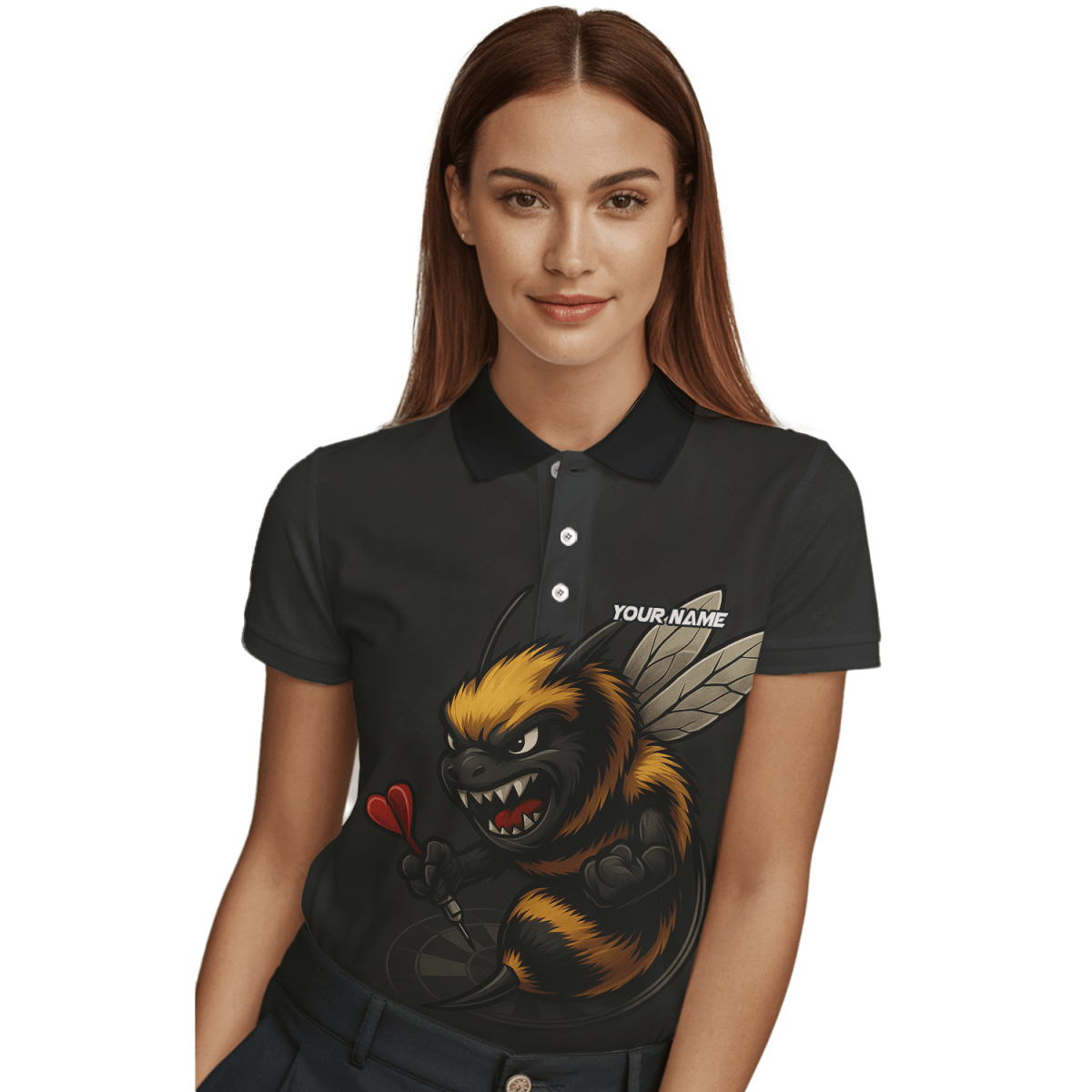 Personalisiertes Damen Dart Jersey - Poloshirt 'Wütende Biene' Schwarz - Outfitsuche