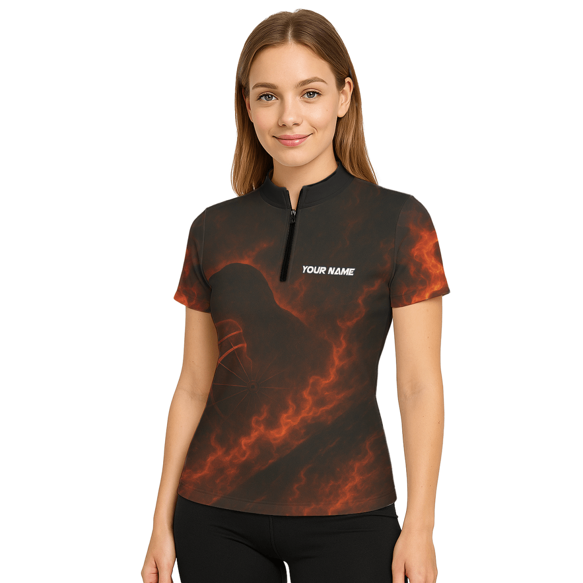 Personalisiertes Damen Dart Polo Shirt mit Teamname & Feuer T - Rex Design - Schwarz Orange - Outfitsuche