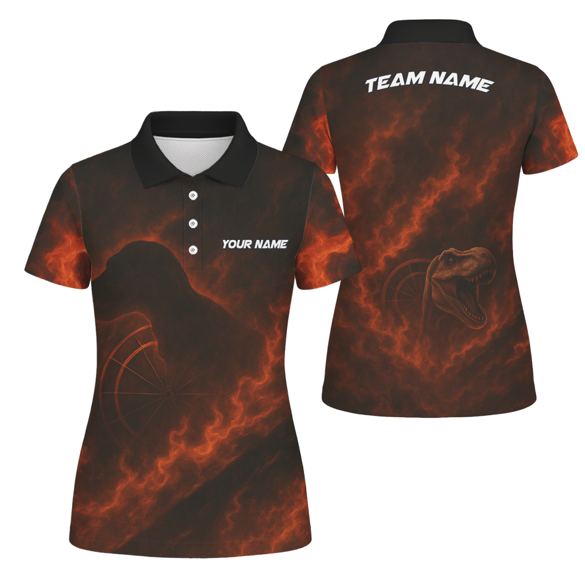 Personalisiertes Damen Dart Polo Shirt mit Teamname & Feuer T - Rex Design - Schwarz Orange - Outfitsuche