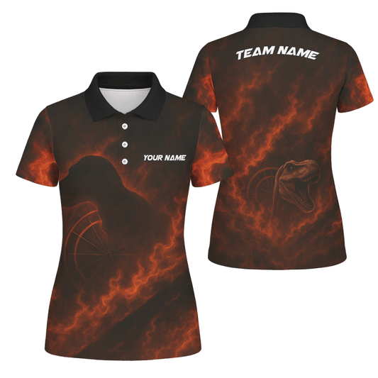 Personalisiertes Damen Dart Polo Shirt mit Teamname & Feuer T - Rex Design - Schwarz Orange - Outfitsuche