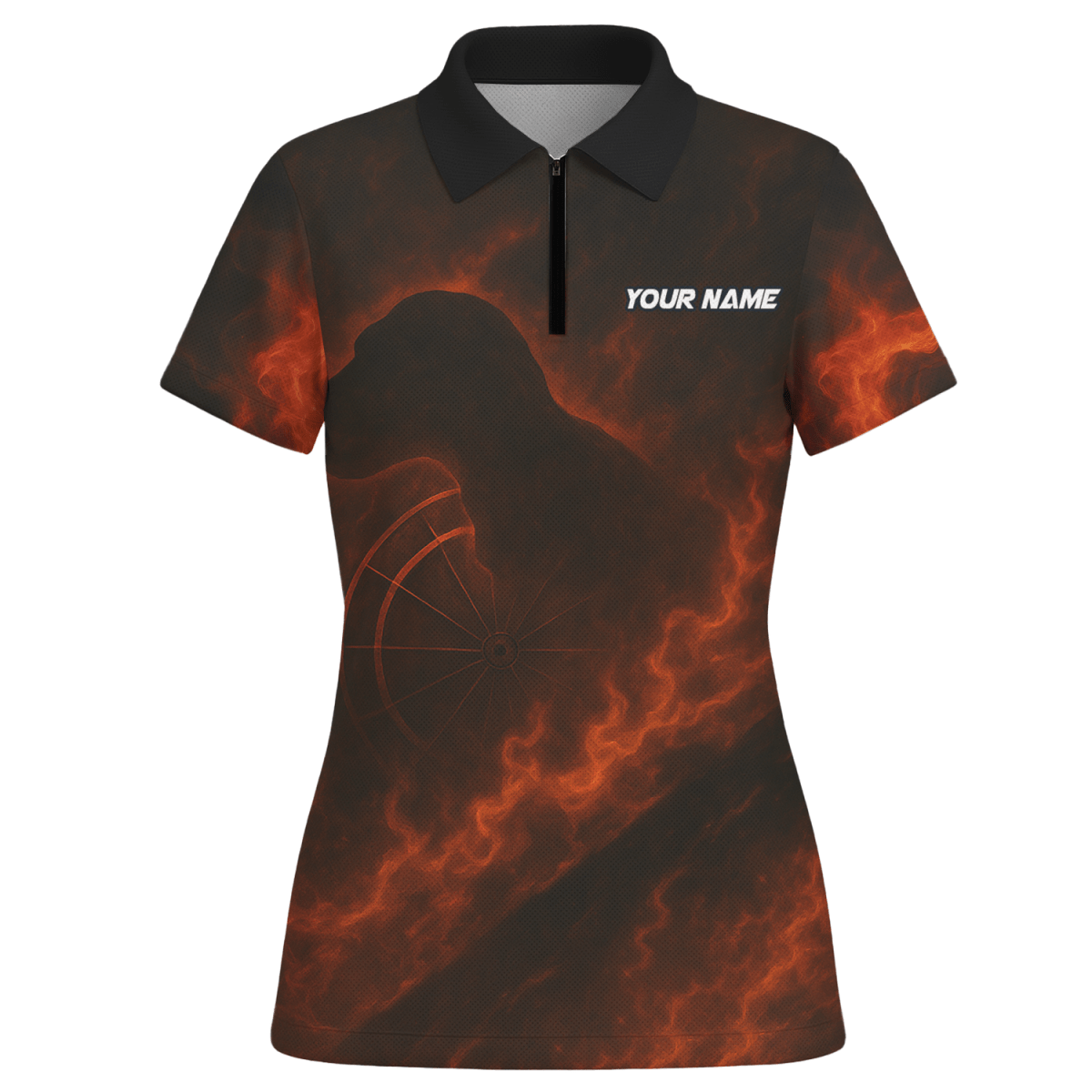 Personalisiertes Damen Dart Polo Shirt mit Teamname & Feuer T - Rex Design - Schwarz Orange - Outfitsuche