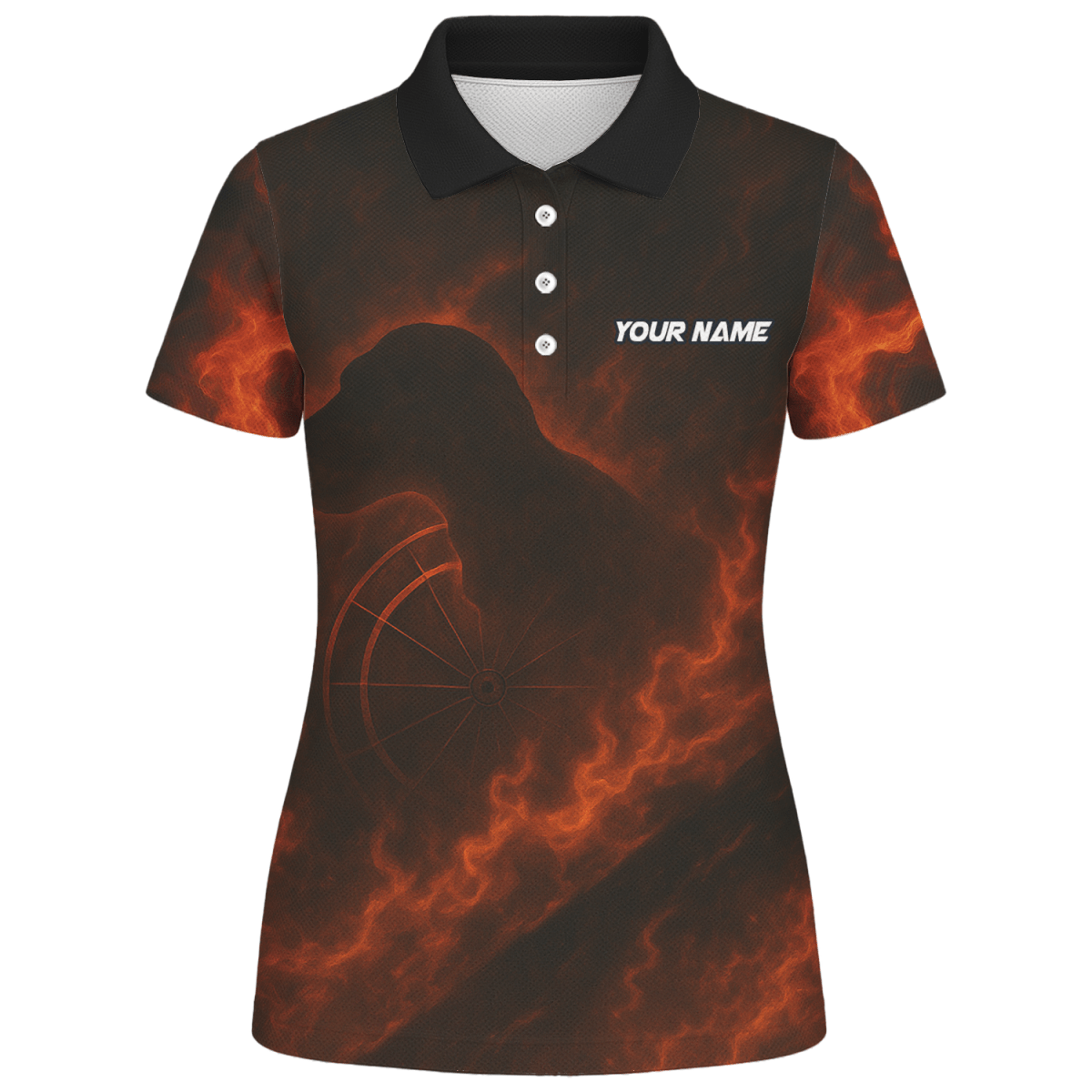 Personalisiertes Damen Dart Polo Shirt mit Teamname & Feuer T - Rex Design - Schwarz Orange - Outfitsuche