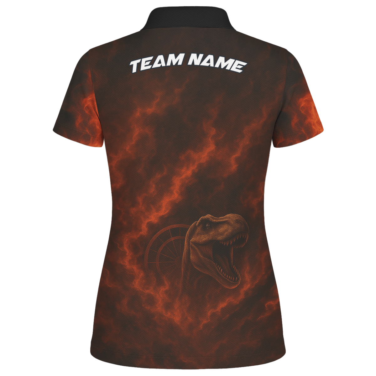 Personalisiertes Damen Dart Polo Shirt mit Teamname & Feuer T - Rex Design - Schwarz Orange - Outfitsuche