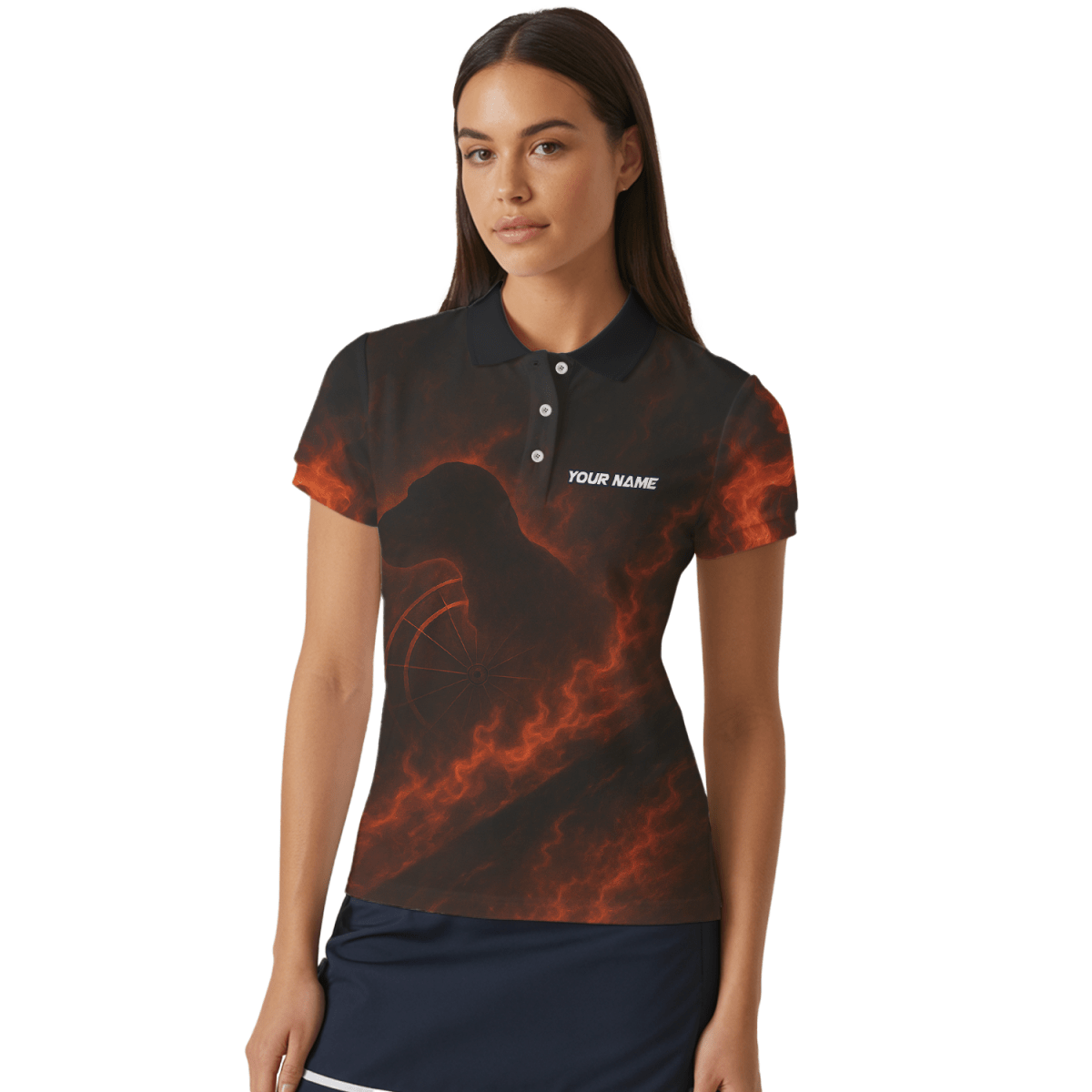 Personalisiertes Damen Dart Polo Shirt mit Teamname & Feuer T - Rex Design - Schwarz Orange - Outfitsuche