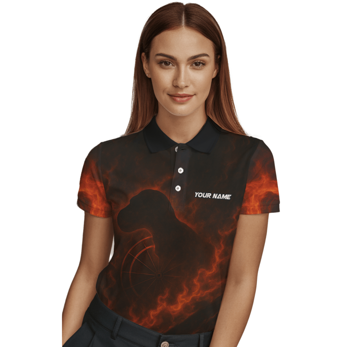 Personalisiertes Damen Dart Polo Shirt mit Teamname & Feuer T - Rex Design - Schwarz Orange - Outfitsuche