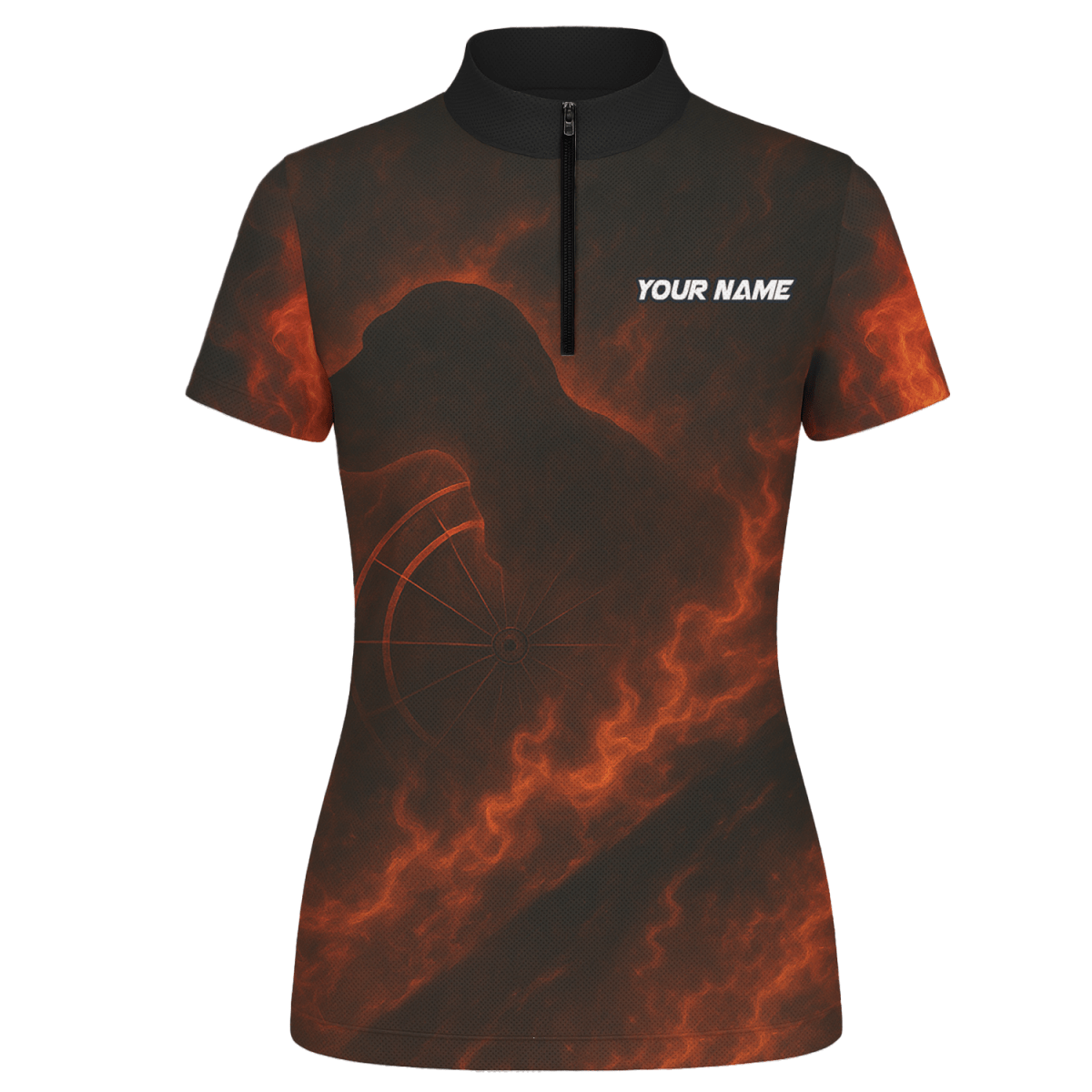 Personalisiertes Damen Dart Polo Shirt mit Teamname & Feuer T - Rex Design - Schwarz Orange - Outfitsuche