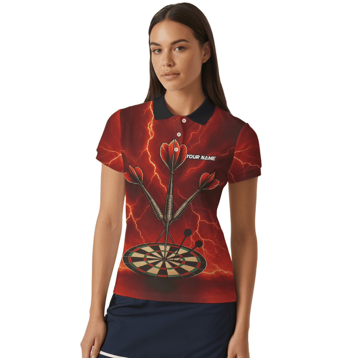 Personalisiertes Damen Dart Polo - Shirt mit Totenkopf & Flammen Rot - Schwarz E0172 - Outfitsuche