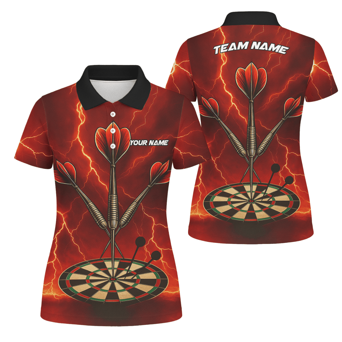 Personalisiertes Damen Dart Polo - Shirt mit Totenkopf & Flammen Rot - Schwarz E0172 - Outfitsuche