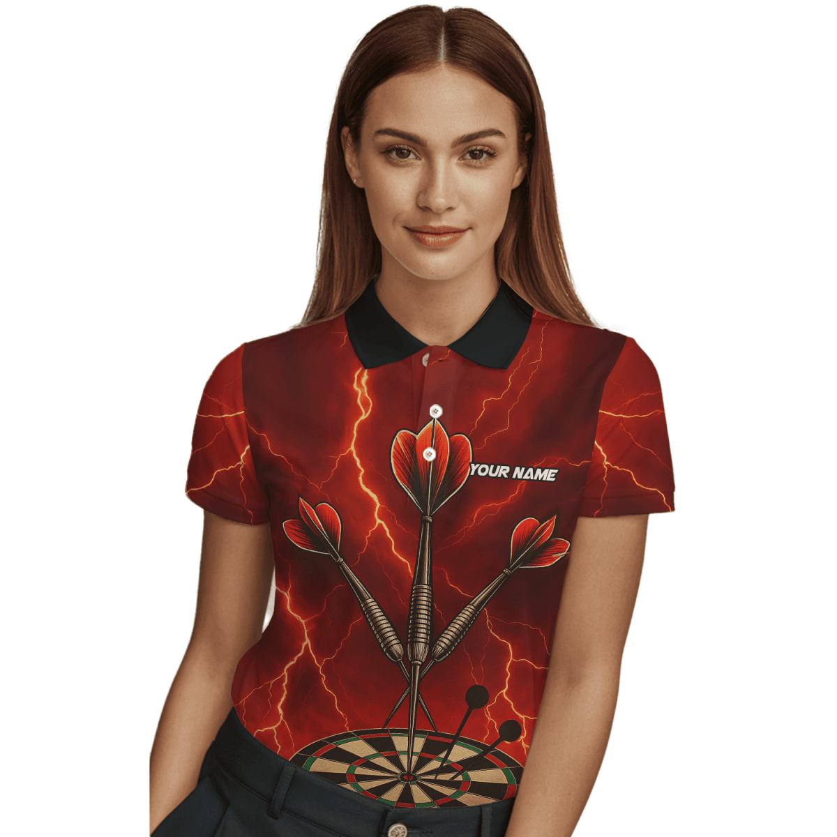 Personalisiertes Damen Dart Polo - Shirt mit Totenkopf & Flammen Rot - Schwarz E0172 - Outfitsuche