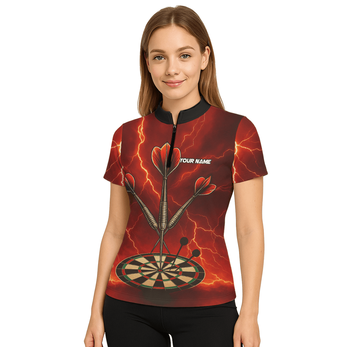 Personalisiertes Damen Dart Polo - Shirt mit Totenkopf & Flammen Rot - Schwarz E0172 - Outfitsuche