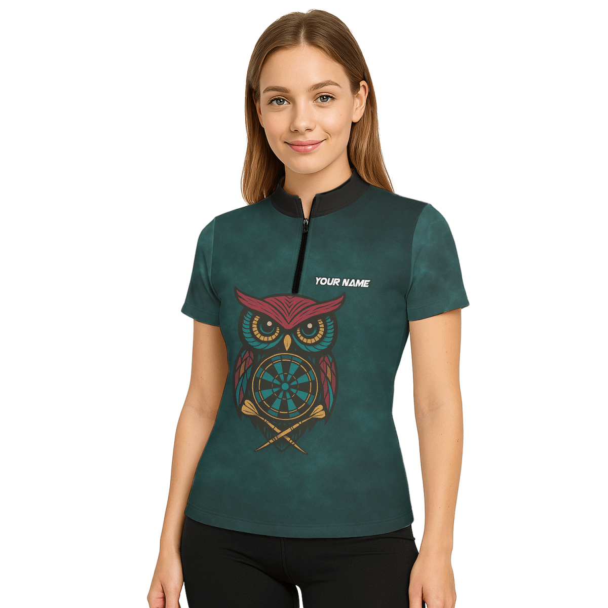 Personalisiertes Damen Dart Polo - Shirt mit Wunschname - Eule - Team - Dunkeltürkis - Outfitsuche