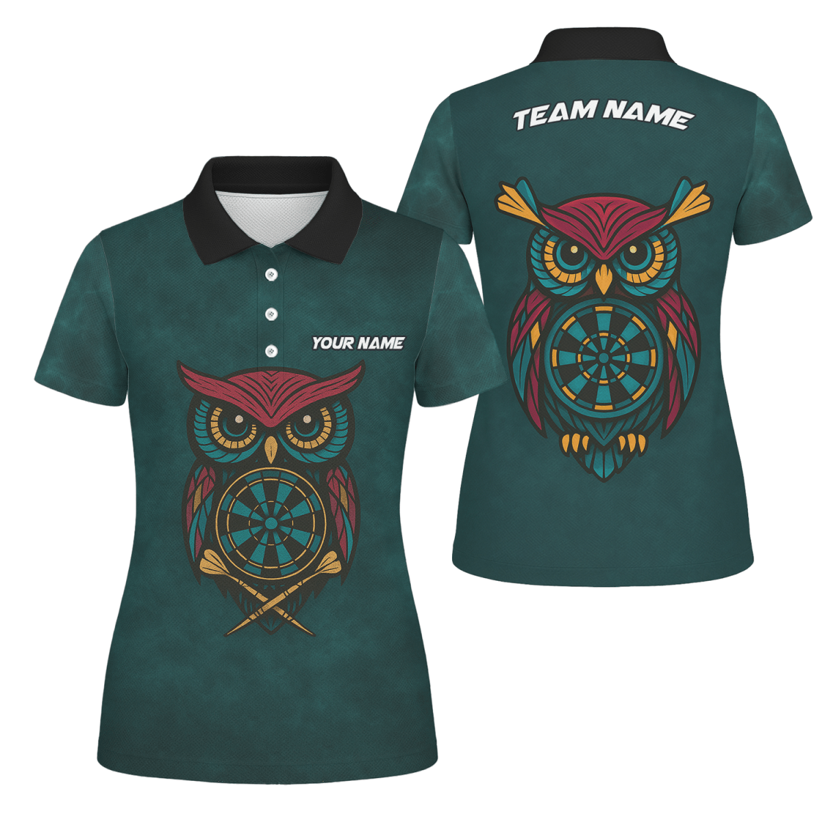 Personalisiertes Damen Dart Polo - Shirt mit Wunschname - Eule - Team - Dunkeltürkis - Outfitsuche