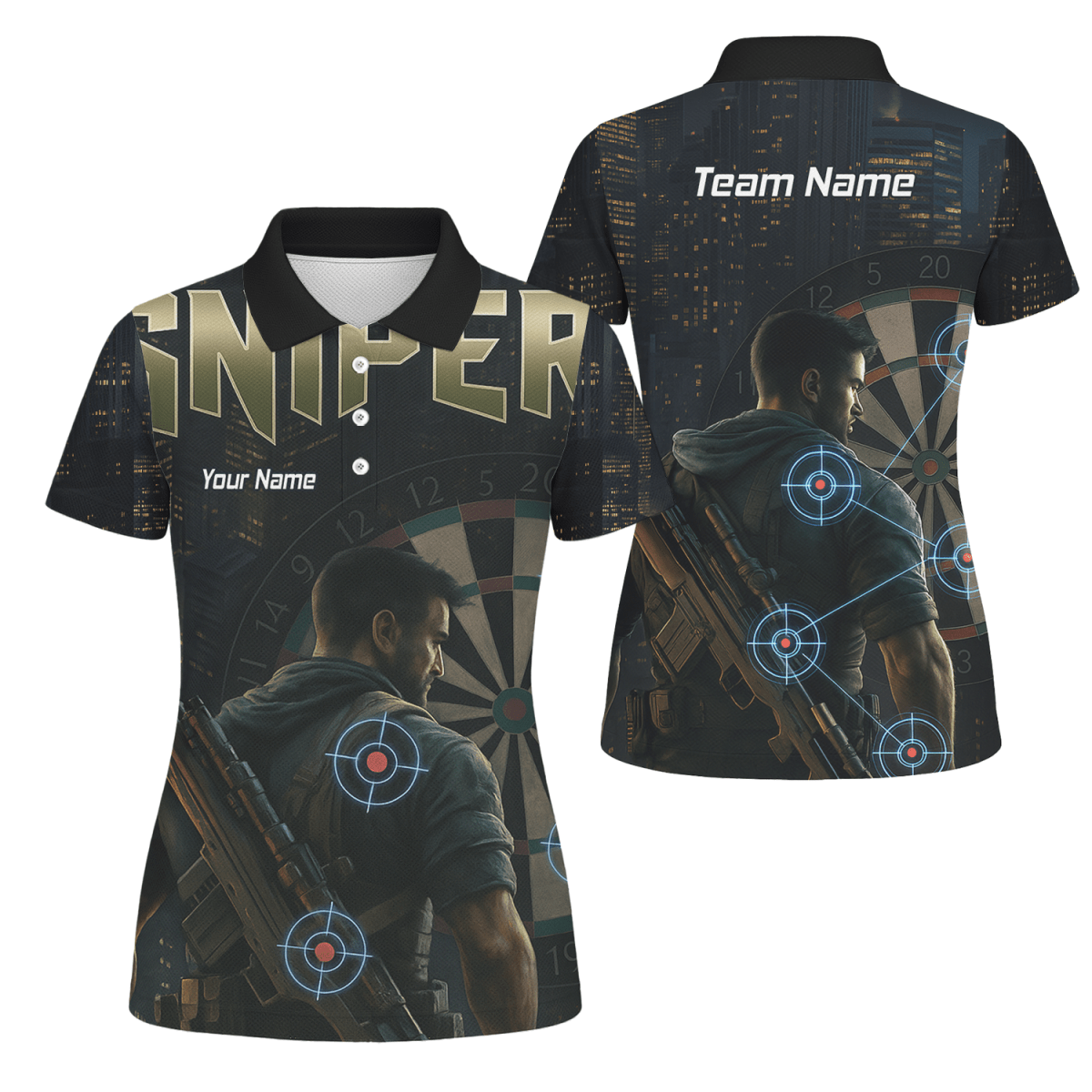 Personalisiertes Damen Dart Polo - Shirt – Taktisch Schwarz – Sniper Design P5428 - Outfitsuche