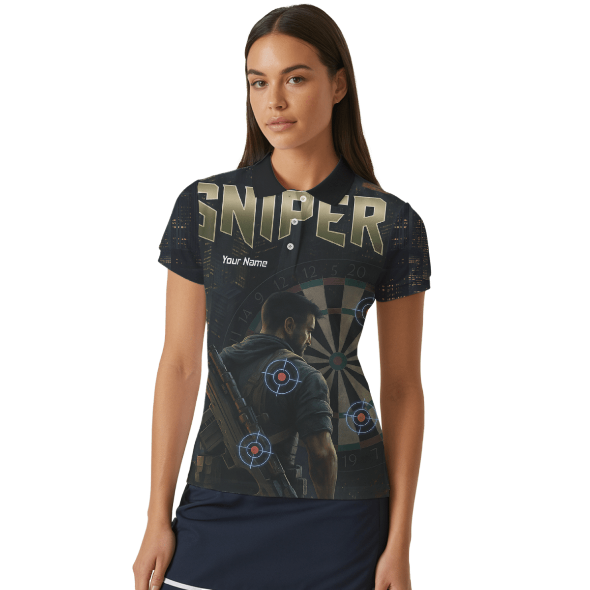 Personalisiertes Damen Dart Polo - Shirt – Taktisch Schwarz – Sniper Design P5428 - Outfitsuche