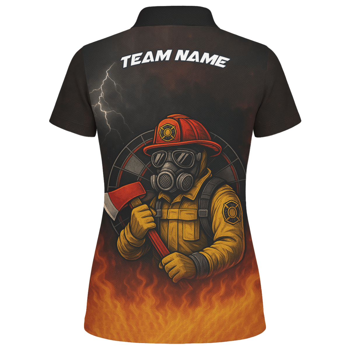 Personalisiertes Damen Dart Polohemd mit Feuerwehr Axt Design - Mit Wunschname & Team - Schwarz Orange - Outfitsuche