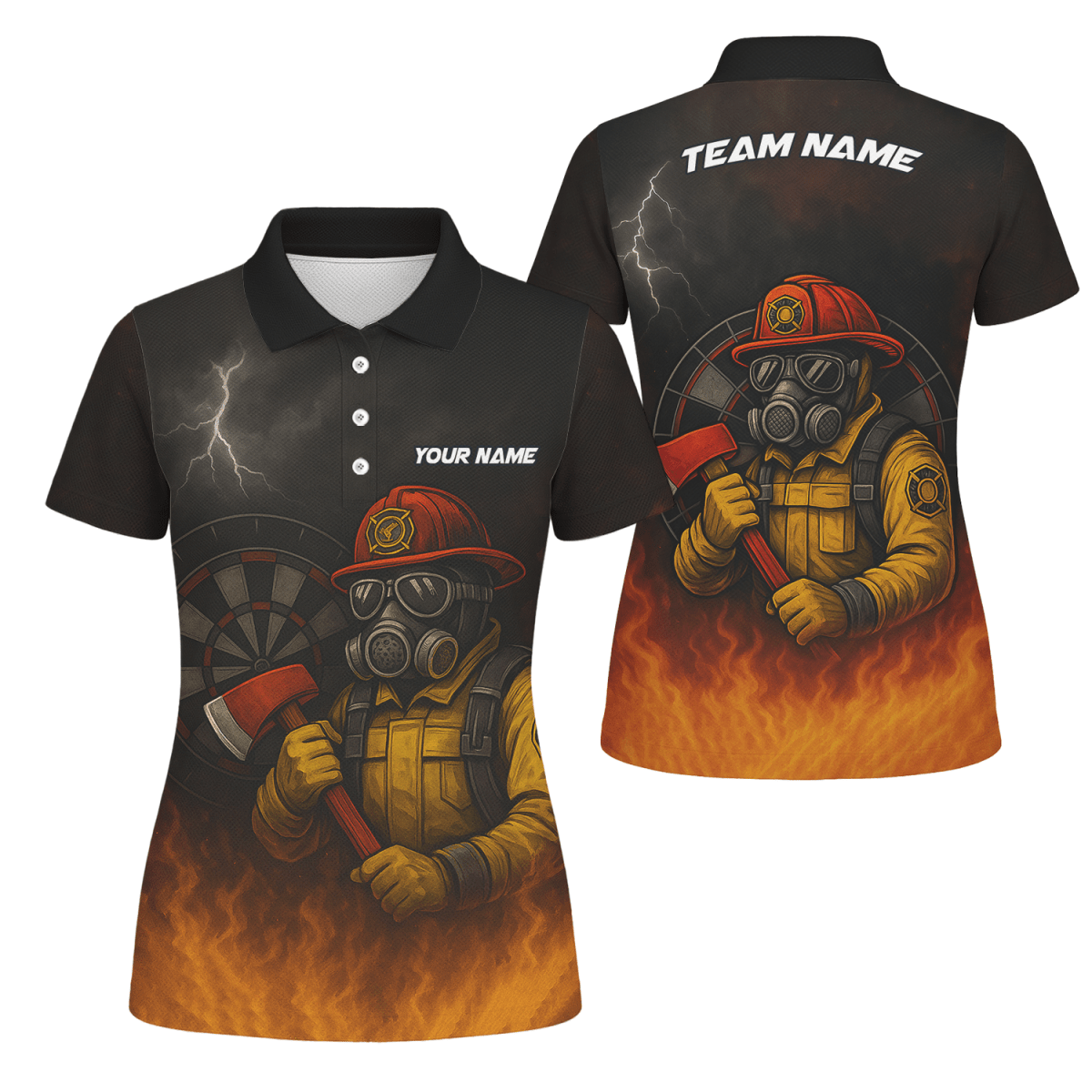 Personalisiertes Damen Dart Polohemd mit Feuerwehr Axt Design - Mit Wunschname & Team - Schwarz Orange - Outfitsuche