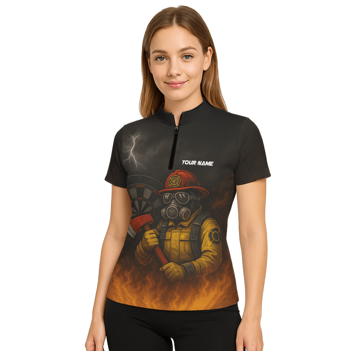 Personalisiertes Damen Dart Polohemd mit Feuerwehr Axt Design - Mit Wunschname & Team - Schwarz Orange - Outfitsuche