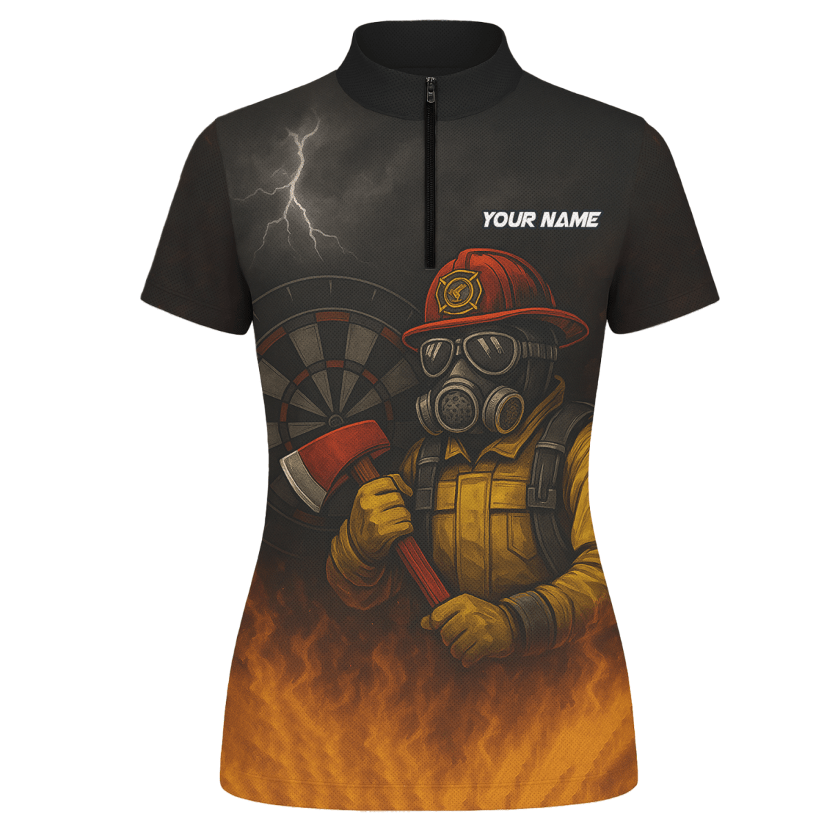 Personalisiertes Damen Dart Polohemd mit Feuerwehr Axt Design - Mit Wunschname & Team - Schwarz Orange - Outfitsuche