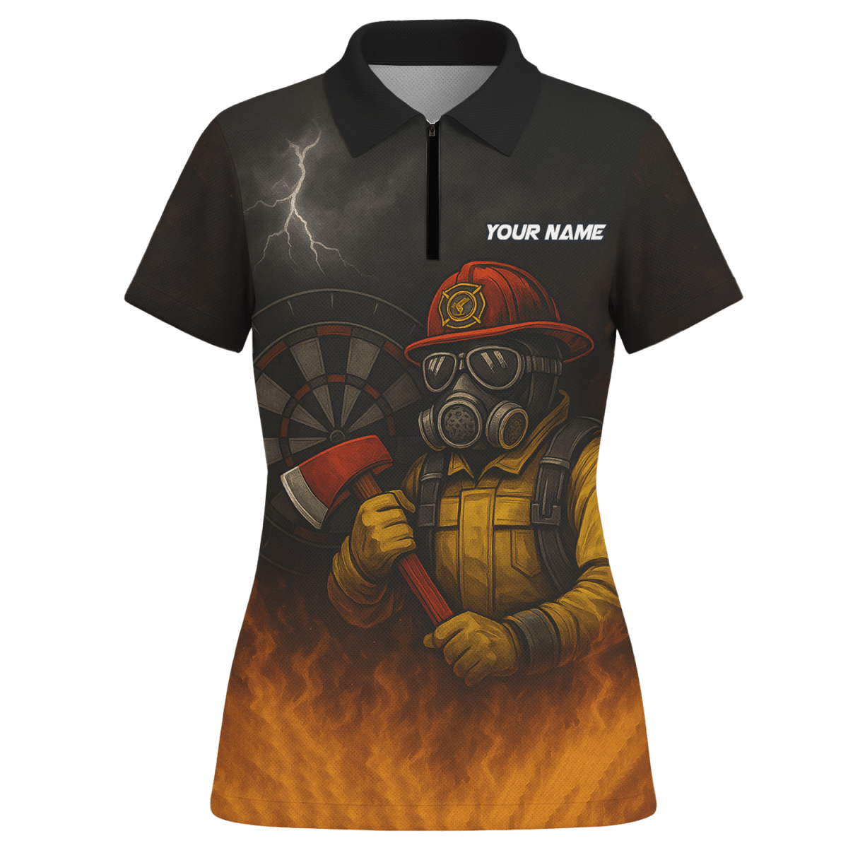Personalisiertes Damen Dart Polohemd mit Feuerwehr Axt Design - Mit Wunschname & Team - Schwarz Orange - Outfitsuche