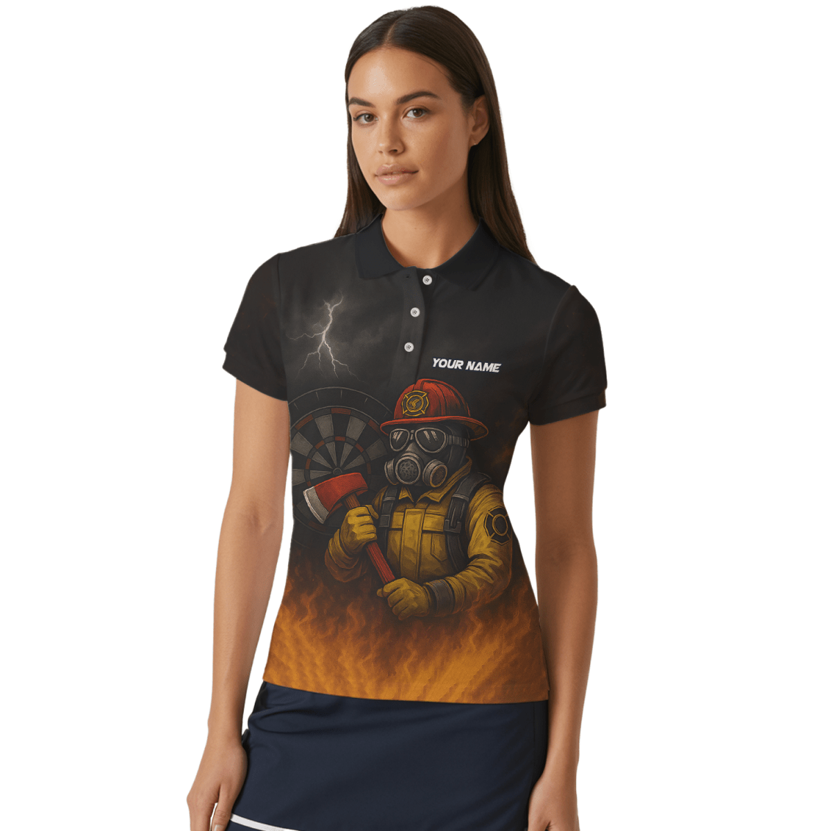 Personalisiertes Damen Dart Polohemd mit Feuerwehr Axt Design - Mit Wunschname & Team - Schwarz Orange - Outfitsuche