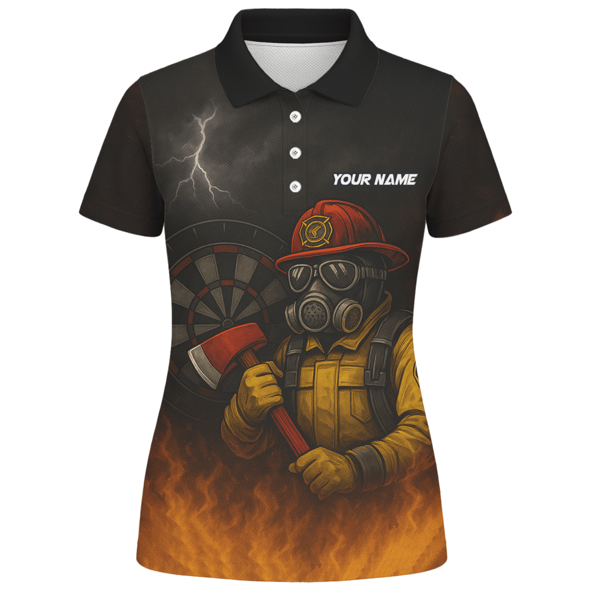 Personalisiertes Damen Dart Polohemd mit Feuerwehr Axt Design - Mit Wunschname & Team - Schwarz Orange - Outfitsuche