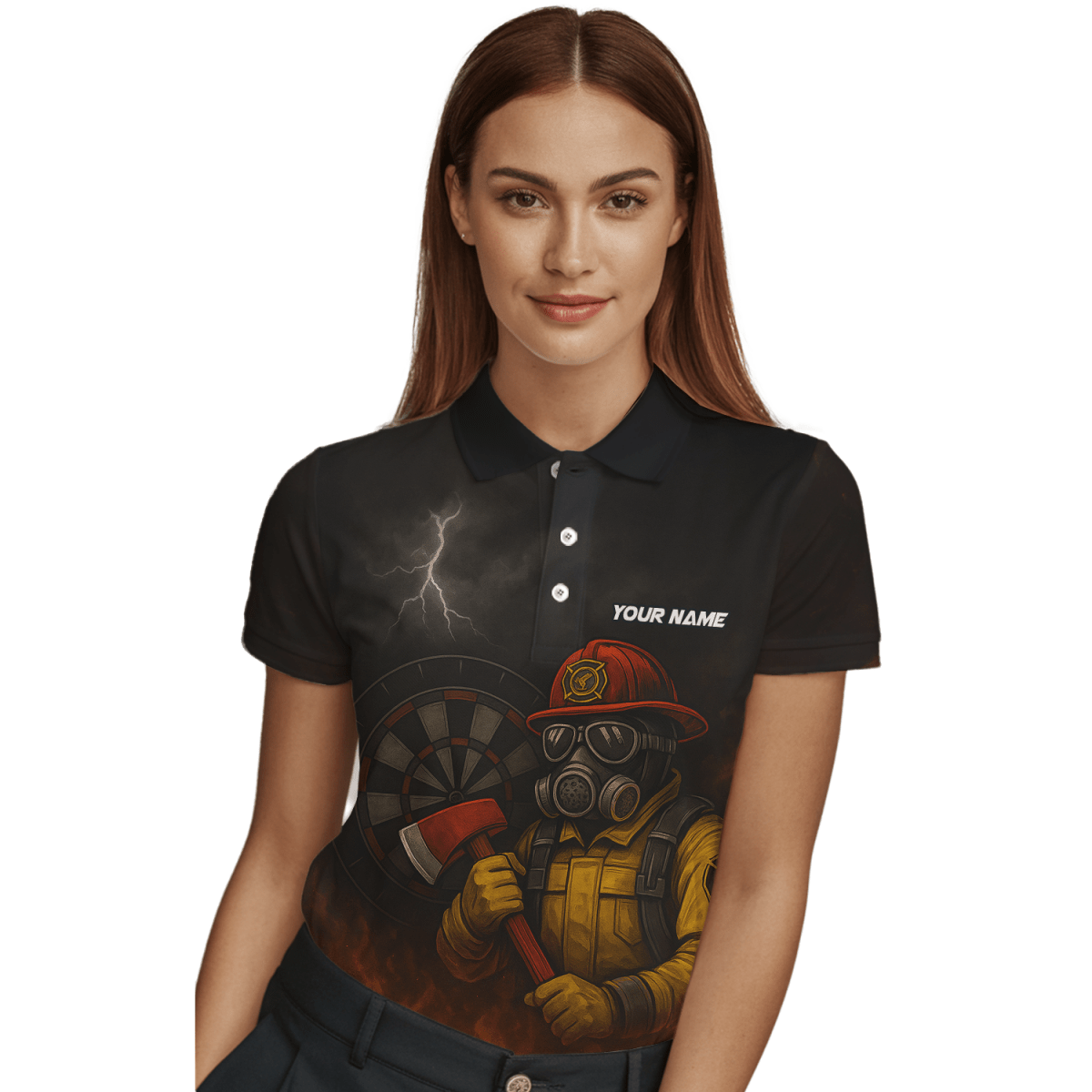 Personalisiertes Damen Dart Polohemd mit Feuerwehr Axt Design - Mit Wunschname & Team - Schwarz Orange - Outfitsuche