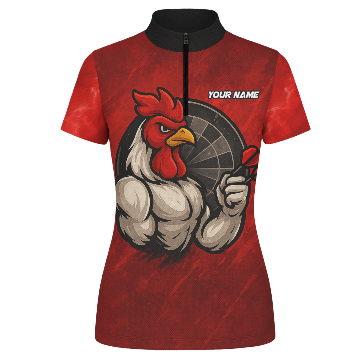 Personalisiertes Damen Dart Polohemd mit Lustigem Hahn & Wunsch Teamname Rot Schwarz - Outfitsuche