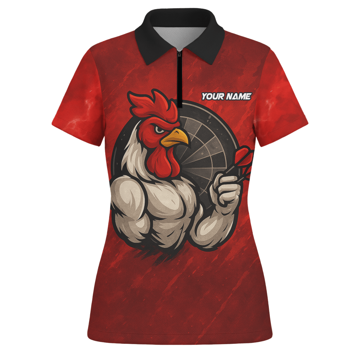 Personalisiertes Damen Dart Polohemd mit Lustigem Hahn & Wunsch Teamname Rot Schwarz - Outfitsuche