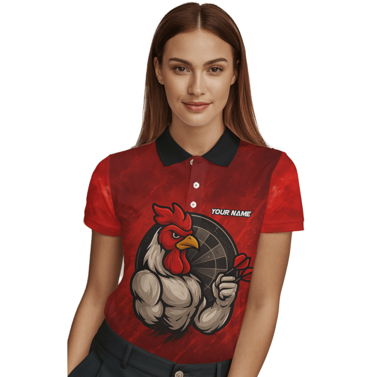 Personalisiertes Damen Dart Polohemd mit Lustigem Hahn & Wunsch Teamname Rot Schwarz - Outfitsuche