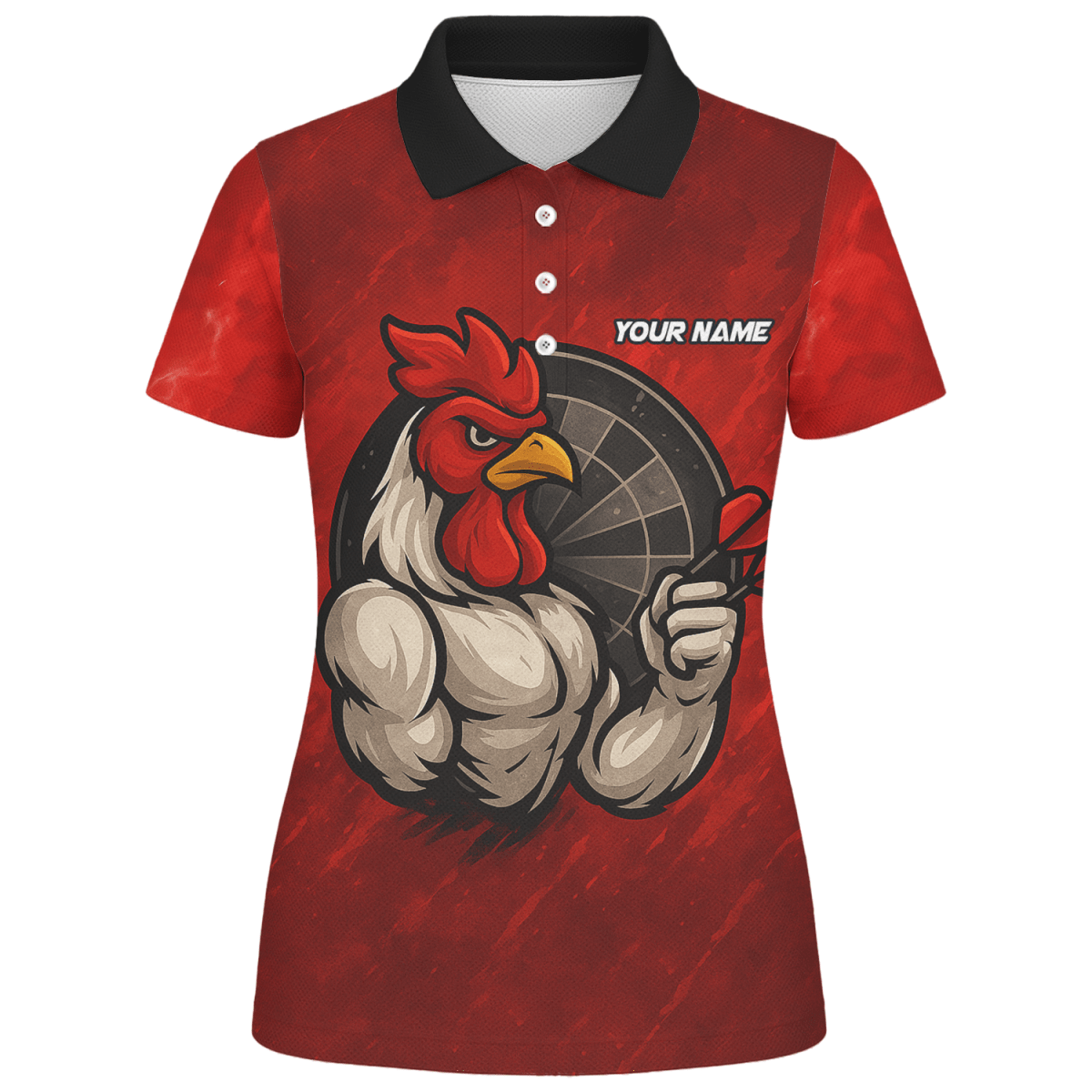 Personalisiertes Damen Dart Polohemd mit Lustigem Hahn & Wunsch Teamname Rot Schwarz - Outfitsuche